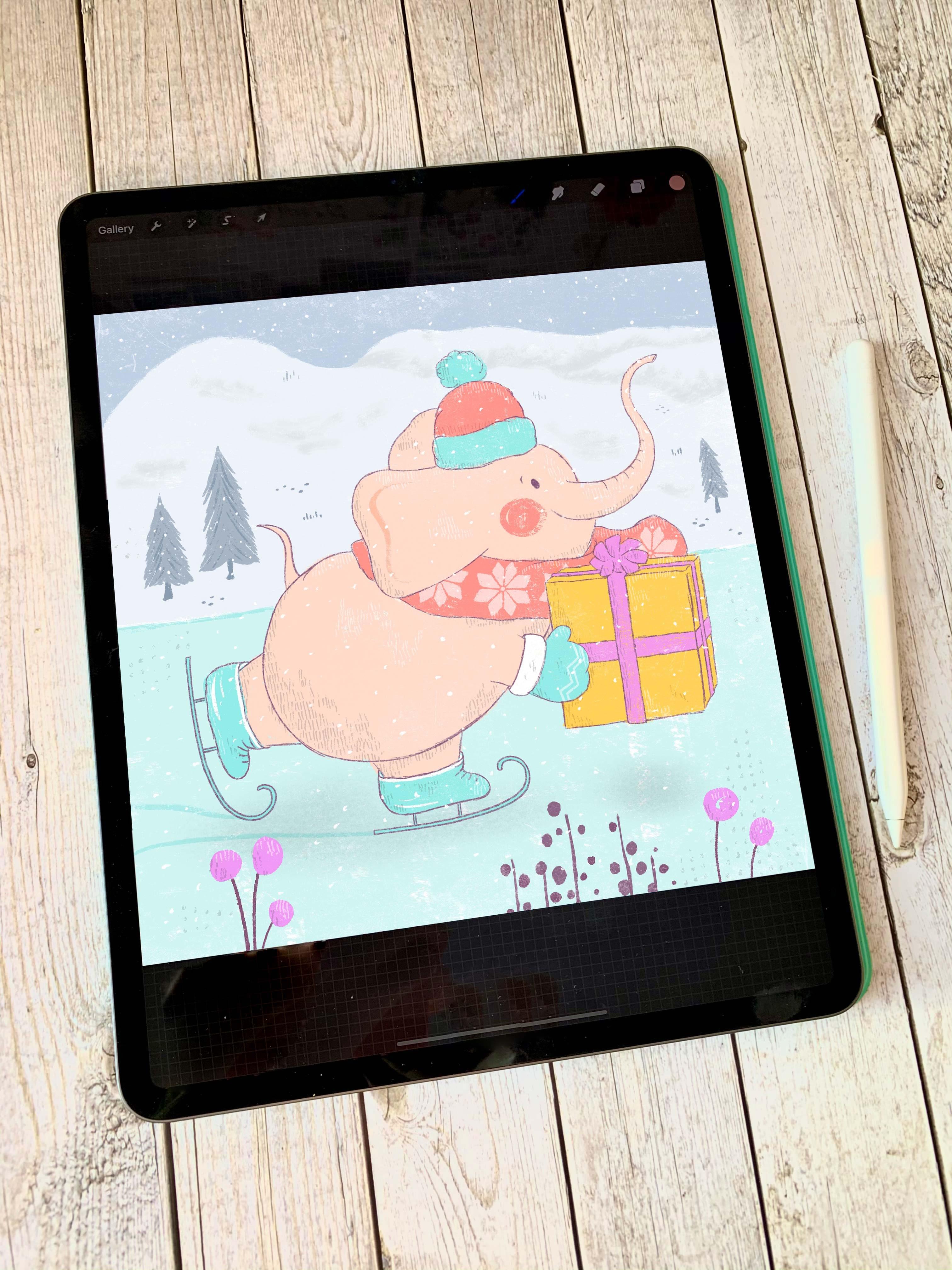 HHristova - Finished winter illustration on the tablet on a wood surface